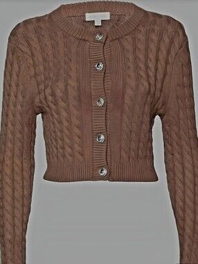 Ronny Kobo Collection Cropped Camel Cable Knit Rich Cardigan with Jewel Buttons